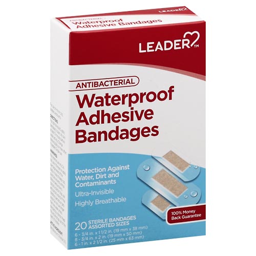 Image for Leader Adhesive Bandages, Antibacterial, Waterproof, Assorted Sizes,20ea from U SAVE DISCOUNT DRUGS